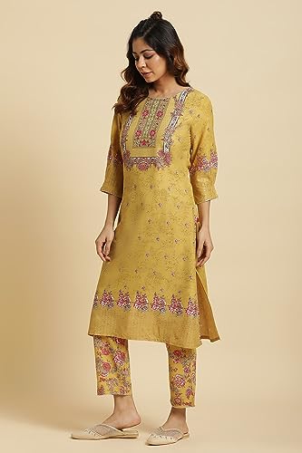 W for Woman Yellow Floral Printed Kurta, Pants and Pink Dupatta Set_24AUWS19723-121076_L