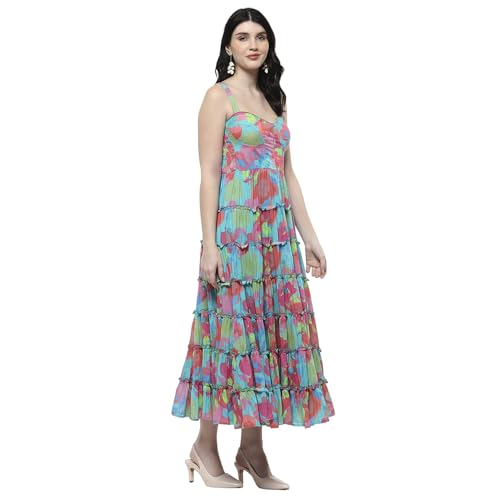Biba Women's Cotton Tiered Floor Length Dress (POPPLAY2850SS25TUR_Turquoise
