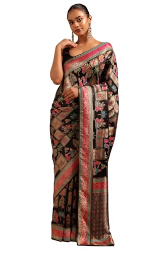 Soch Womens Black Satin Ethnic Motifs Saree With Zari Work