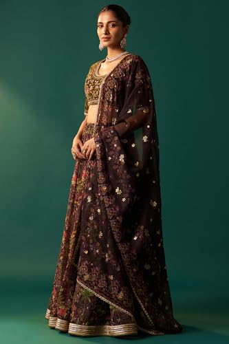 Wishful Women's Green Embroidered Velvet Blouse with Floral Printed Skirt and Dupatta Set (SP12875-223812-XL)