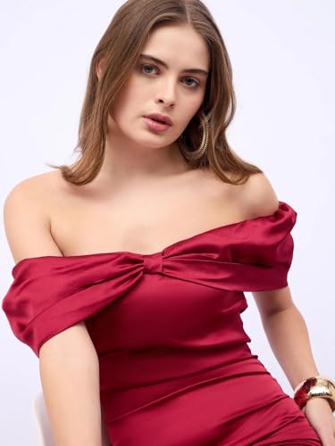Styli Women Off-Shoulder Sheath Maxi Dress Wine