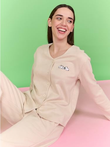 Sweet Dreams Women's Polyester Cartoon Pajama Set Pack of 2 (OCW-4268 Light Cream_XL)