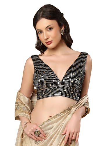 S SALWAR STUDIO Navy Blue Velvet Sleeveless Readymade Saree Blouse