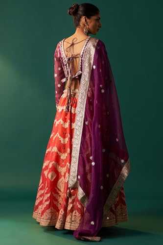 Wishful Women's Purple Zari Embroidered Jacquard Blouse with Flared Skirt and Dupatta Set (SP12839-314426-XL)
