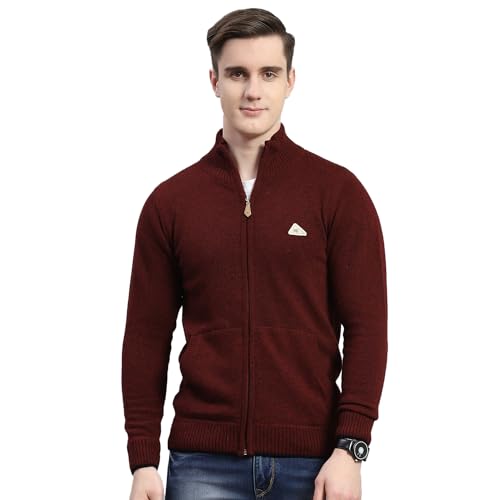 Monte Carlo Mens Maroon Solid Stand Collar Full Sleeve Wool Blend Casual Sweater | Warm Woolen Pullover for Men | Soft Comfortable Knitted Winter Wear Sweater for Men's