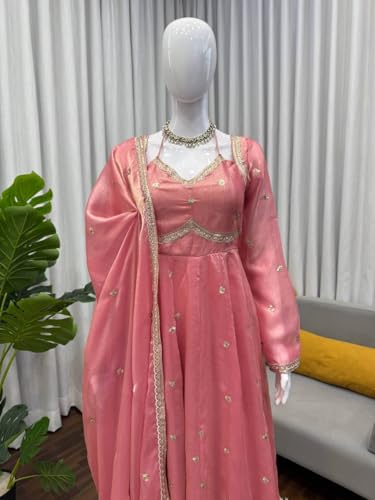 THE AYRA FASHION Women's Pink Silk Blend Anarkali Gown with Dupatta – Designer Ethnic Long Kurta Set (IN, Alpha, 2XL, Regular)