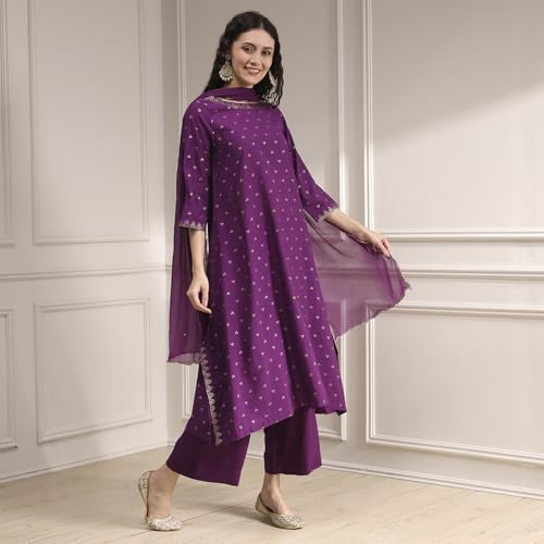 Biba Women Purple Polyseter Blend Straight Printed Kurta Set_32
