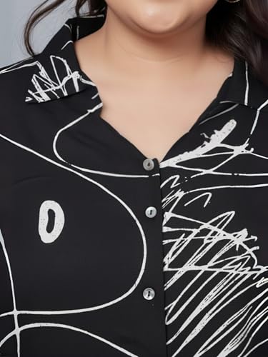 Indietoga Women Black Scribble Print Rayon Shirt and Pyjamas Nightsuit (PS50001643_Black Printed_6XL)
