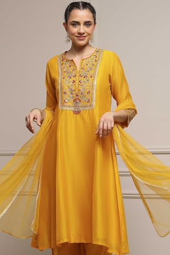 Biba Women Yellow Viscose Rayon A-Line Solid Suit Set_38