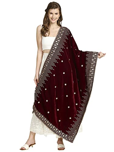 DUPATTA BAZAAR Women's Embroidered Maroon Velvet Dupatta, free size