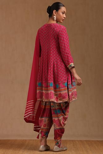 Soch Womens Fuchsia Crepe Floral Print Suit Set With Mirror Work
