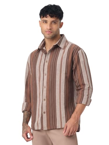 The Souled Store Cotton Linen Stripes: Latte Men and Boys Long Sleeve Spread Collar Brown Striped Casual Easy to Style Everday Office Wear Cotton Linen Shirt