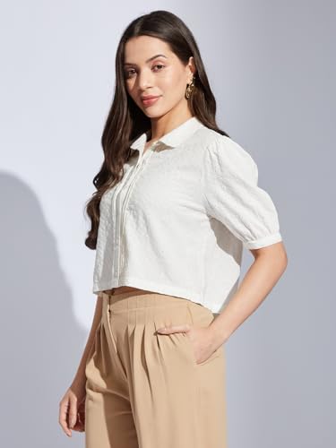 Latin Quarters Women Ivory Collared Half Sleeves Solid Shirt Blouse for Casual Wear_S