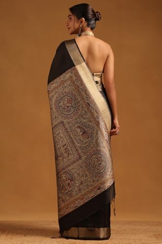 Soch Womens Black Tussar Madhubani Printed Saree
