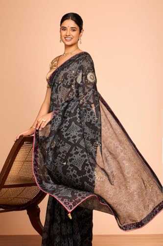 Taneira Women Black Printed Embroidered Pure Silk Cotton Saree with Unstitched Blouse Piece (SAIP03AC2558-Black)