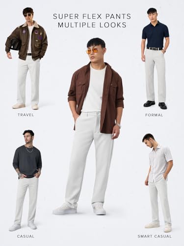 The Souled Store Super Pants: Urban Ash Mens and Boys Light Grey Solid Poly-Viscose Blend Classic Fit 4-Way Stretch Wrinkle-Free Trousers