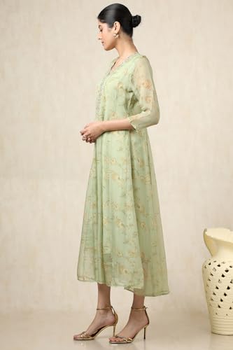 Soch Womens Green Organza Botanical Print Dress with Thread Work