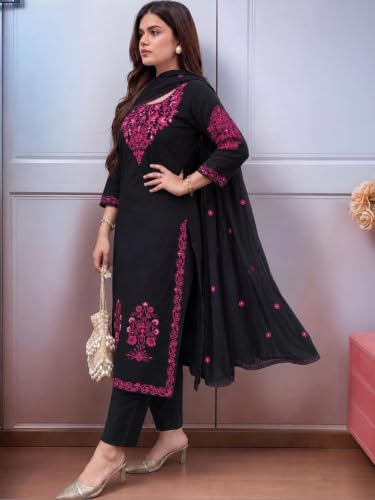 piludi Women embroidered kurta pant with dupatta Set | Ethnic Wear Three Piece kurta set for women (IN, Alpha, L, Regular, Black)