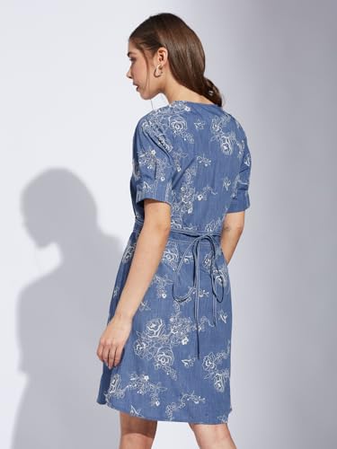 Latin Quarters Women Blue V-Neck Half Sleeve Printed A-Line Dress_L