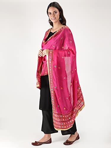 Zamour Women's Embroidered Chiffon Dupatta (304_Pink_Free Size).