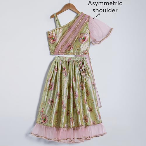 Hopscotch Girls Asymmetrical Yellow 2-Pc Ruffle Embellished Lehenga Choli Set For Ages (5-6 Years)