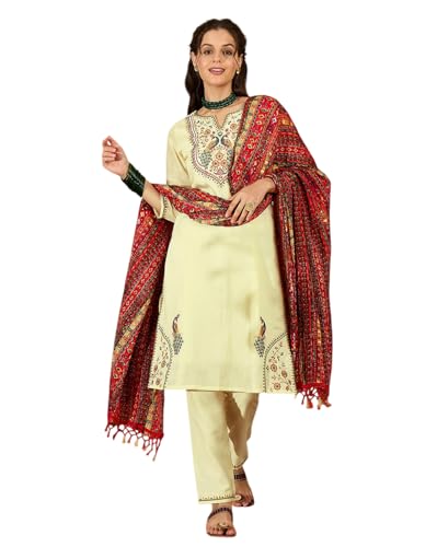 SheWill Kurta Set for Women Off White Silk Blend Zari Sequence Thread Embroidered Kurta with Pant and Dupatta