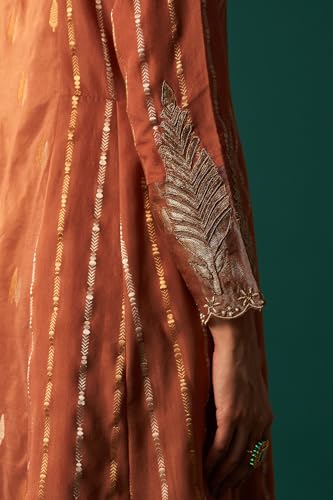 Wishful Women's Copper Brown Metallic Embroidered Flared Chanderi Kurta with Straight Pant and Dupatta Set (SP12566-314269-S)