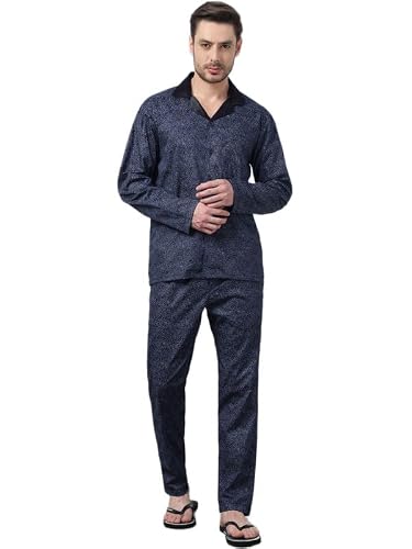 Hancock Men Cotton Printed Night Suit Navy Blue Size XL