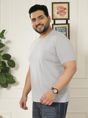 JOHN PRIDE Plus Size Men Regular Fit Solid Short Sleeves Grey Round Neck T-Shirt (JPTSR3501W_6XL_Grey)
