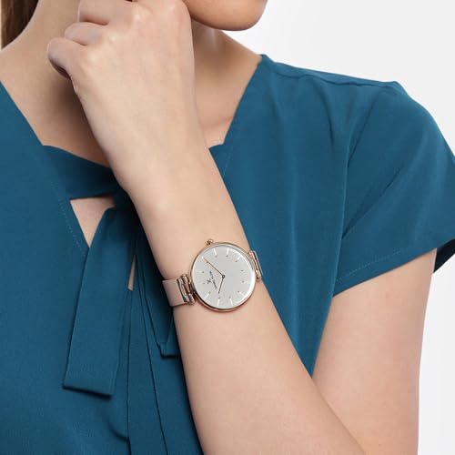 Daniel Klein Analog Silver Round Dial Rose Gold Case Pink Leather Strap Water-Resistant Wrist Watch for Women Girls, Ladies DK.1.12260-5