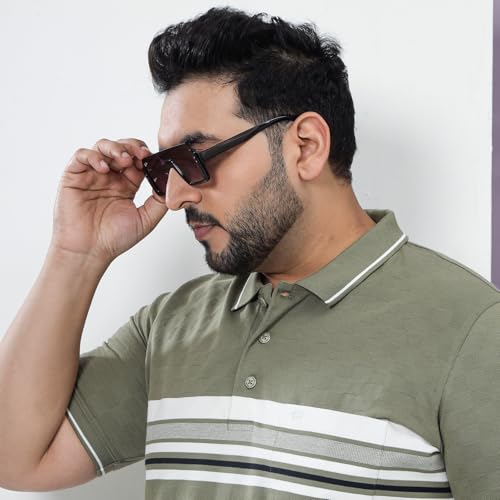 JOHN PRIDE Plus Size Men Regular Fit Striped Green Stretchable Polo Collar T-Shirt (JPTSC32430_10XL_Green)