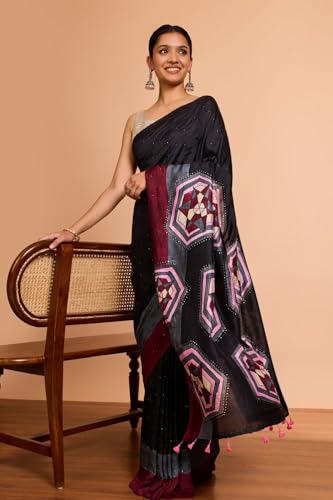 Taneira Women Black Murshidabad Pure Silk Hand Painted Mukesh Saree with Unstitched Blouse Piece (SAIH01AC1396-Black)