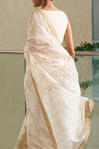 Taneira Women Off White Silk Cotton Embroidery Saree with Unstitched Blouse Piece (SPH08C00070-Off White)