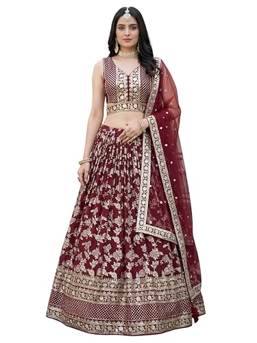 Zeel Clothing Women's Sequins Zari Embroidered Dola Silk Jacquard Lehenga Choli With Dupatta (7100-Maroon-Women-New-Lehenga-Choli, Free size) (Maroon)