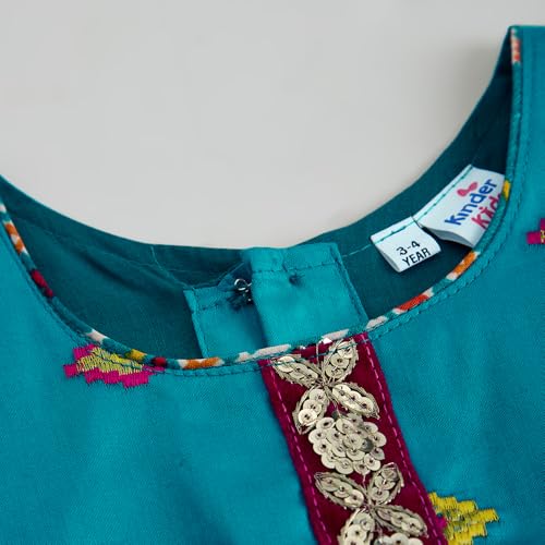 Hopscotch Hoscotch Girls Geometric Green Sleeveless 3 Piece Embroidered Tassel Lehenga Set For Ages (4-5 Years)