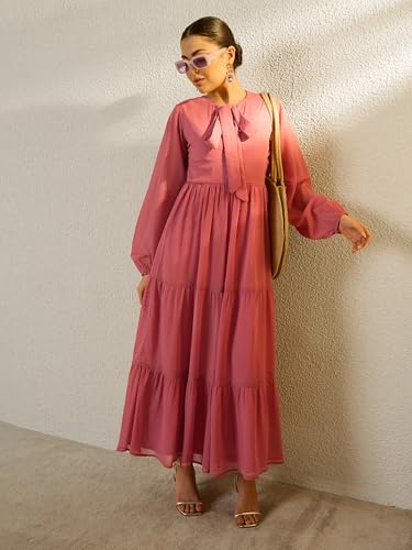 Sassafras Women Pink Round Neck Full Sleeve Maxi Dress-S