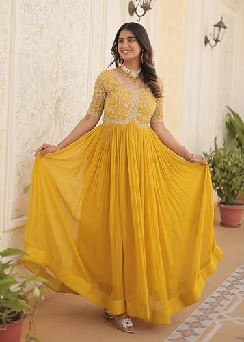 Fashion Basket Georgette Embroidered Anarkali Gown for Women Yellow