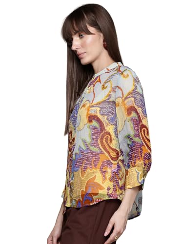 Label RITU KUMAR Ecru Multi Francis Mandarin Collar Neck Shirt with Camisole