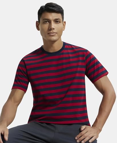 Jockey Men's Regular Fit Striped Round Neck Half Sleeved T-Shirt 2715_Navy & Shanghai Red_L