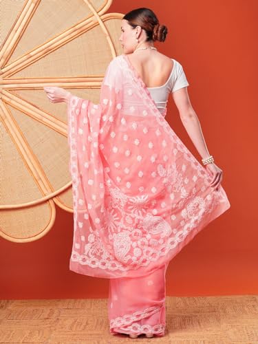 Ada Hand Embroidered Lucknowi Chikankari Georgette Saree With Unstitched Blouse Piece A191488, Peach - Womens