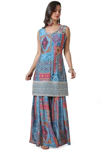 Soch Womens Powder Blue Ethnic Motifs Print Chinon Suit Set