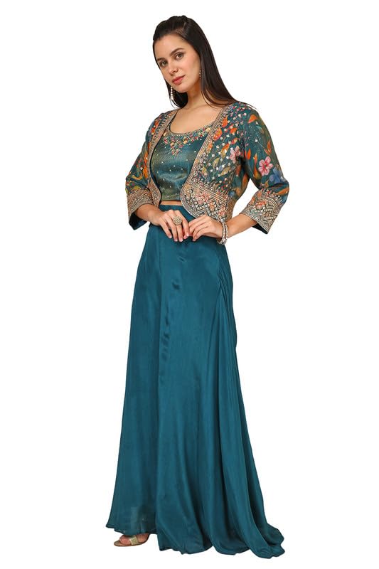 Soch Womens Teal Tissue Embroidered Co-Ord Set With Sequins