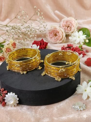 NMII Viral Multi Colour Glass Bangles with Golden Ghungroo Charms & Stone Work For Women & Girls | Trendy Kashmiri Bangles | Kangan Set For Women | Kanch Ki Chudiya - Set of 16 (NAB50_Golden-2.4)