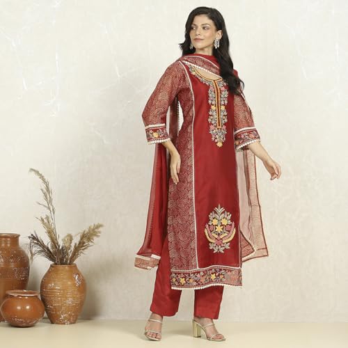 Biba Women Red Chanderi Unstitched Suit Set_Free Size