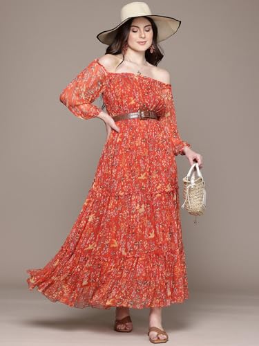Label RITU KUMAR Off Shoulder Printed Long Dress Orange
