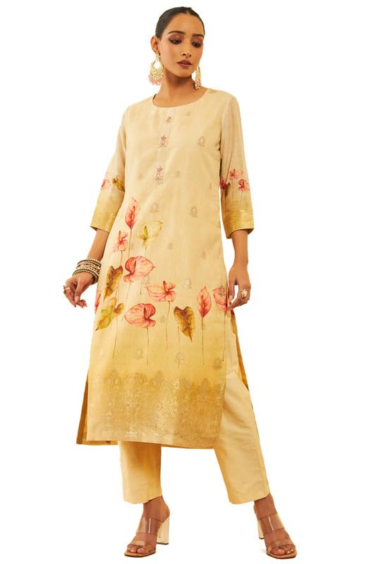 Soch Womens Beige Chanderi Placement Print Suit Set With Cutdana Details