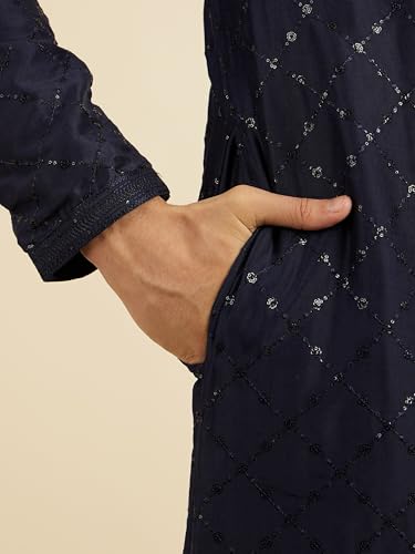 Manyavar Men's Art Silk Sequin Work Kurta Pyjama Set (Dark Blue,S)