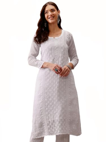 Ada Hand Embroidered Lucknow Chikankari Women's Cotton Blend Kurta with Slip A411117 (L, White)