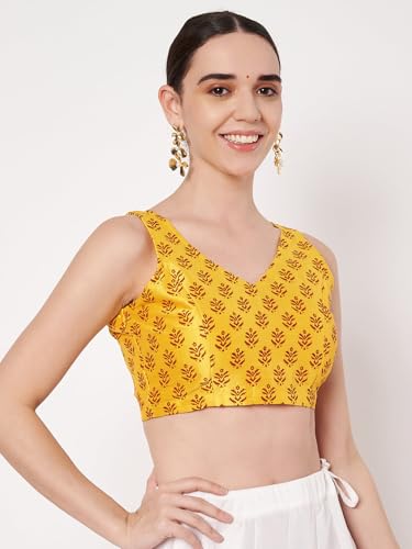 studio rasa Women's Dupion Hand Block Printed Blouse for Wedding Festive Party (TPWC62555XL_Yellow_X-Large)
