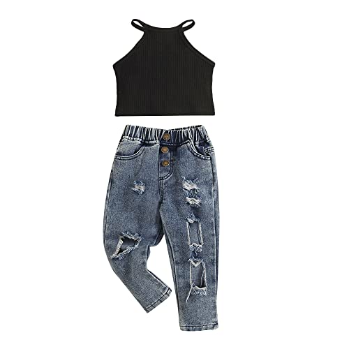 Hopscotch Cotton Girls Solid Slim Fit T-Shirtjeans Set In Black Color For Ages 12-18 Months